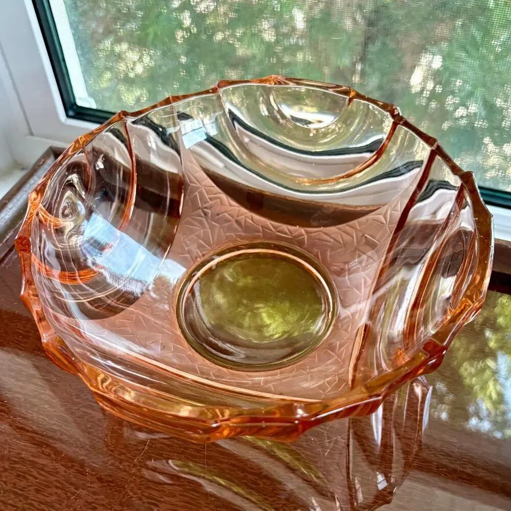 Vintage Pink Pressed Glass Bowl Made in Poland Art Deco Scalloped Edge